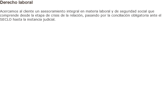 Derecho laboral Acercamos al cliente un asesoramiento integral en materia laboral y de seguridad social que comprende desde la etapa de crisis de la relación, pasando por la conciliación obligatoria ante el SECLO hasta la instancia judicial.
                    