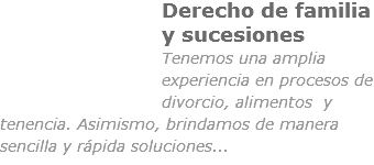 ﷯Derecho de familia y sucesiones
Tenemos una amplia experiencia en procesos de divorcio, alimentos y tenencia. Asimismo, brindamos de manera sencilla y rápida soluciones...