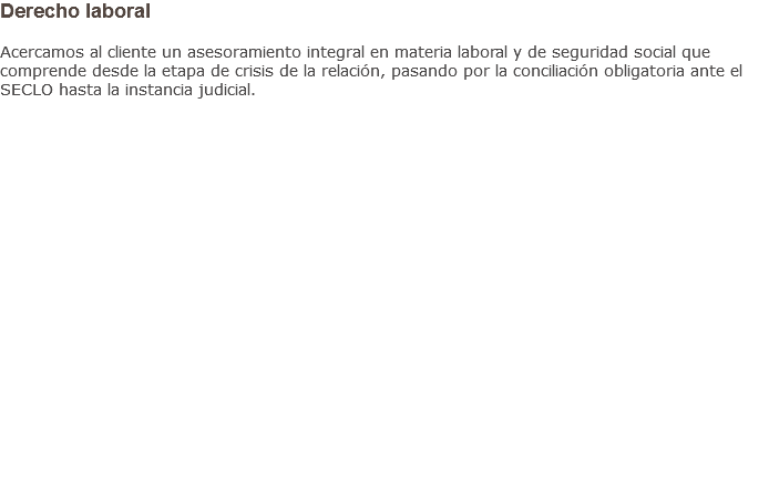 Derecho laboral Acercamos al cliente un asesoramiento integral en materia laboral y de seguridad social que comprende desde la etapa de crisis de la relación, pasando por la conciliación obligatoria ante el SECLO hasta la instancia judicial.
                    