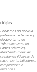 ﷯Litigios
 Brindamos un servicio profesional adecuado y efectivo tanto en Tribunales como en Cortes Arbitrales, atendiendo todas las cuestiones litigiosas de todas las jurisdicciones, competencias e instancias...
