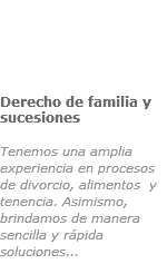 ﷯Derecho de familia y sucesiones
 Tenemos una amplia experiencia en procesos de divorcio, alimentos y tenencia. Asimismo, brindamos de manera sencilla y rápida soluciones...
